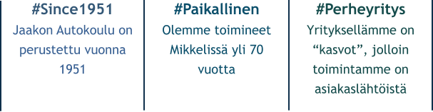 #Since1951 Jaakon Autokoulu on  perustettu vuonna 1951 #Paikallinen Olemme toimineet Mikkelissä yli 70 vuotta #Perheyritys Yrityksellämme on “kasvot”, jolloin toimintamme on asiakaslähtöistä